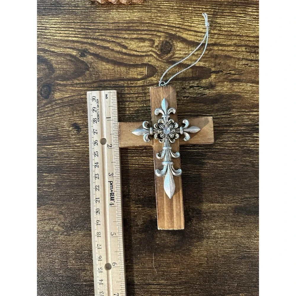 Rustic Wood Cross Ornament Silver Fleur De Lis Rhinestone Christian Decor 5